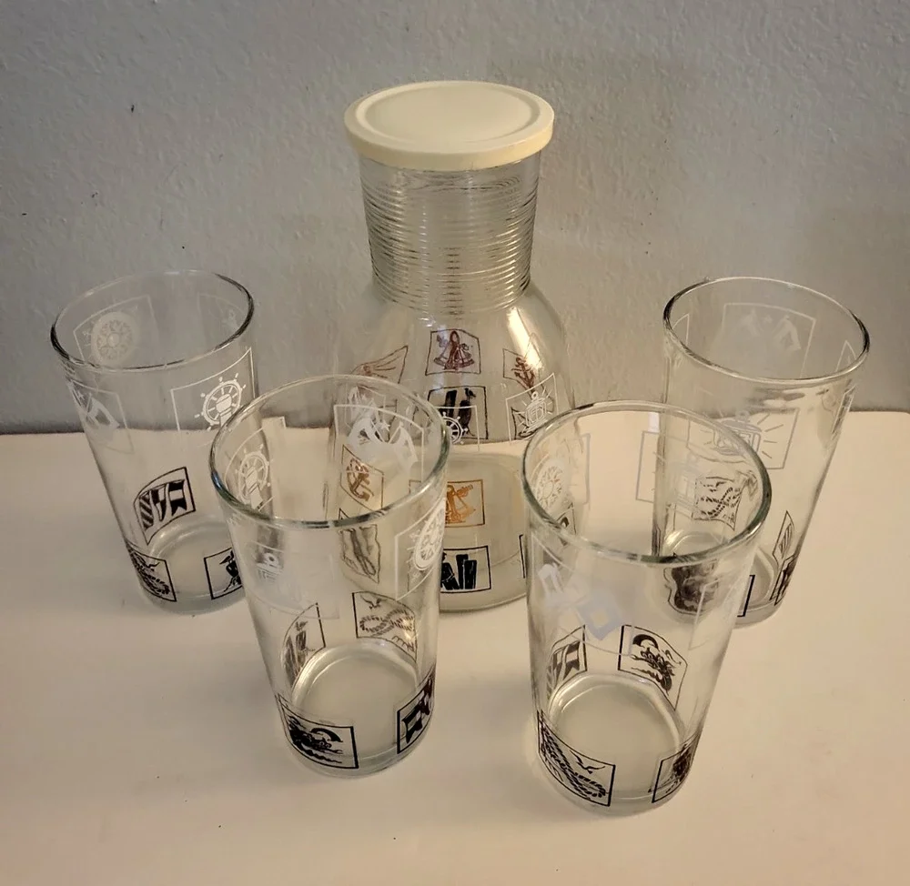 Set of 5 VTG HAZEL ATLAS MCM NAUTICAL THEME GLASSES & DECANTER BLACK WHITE GOLD